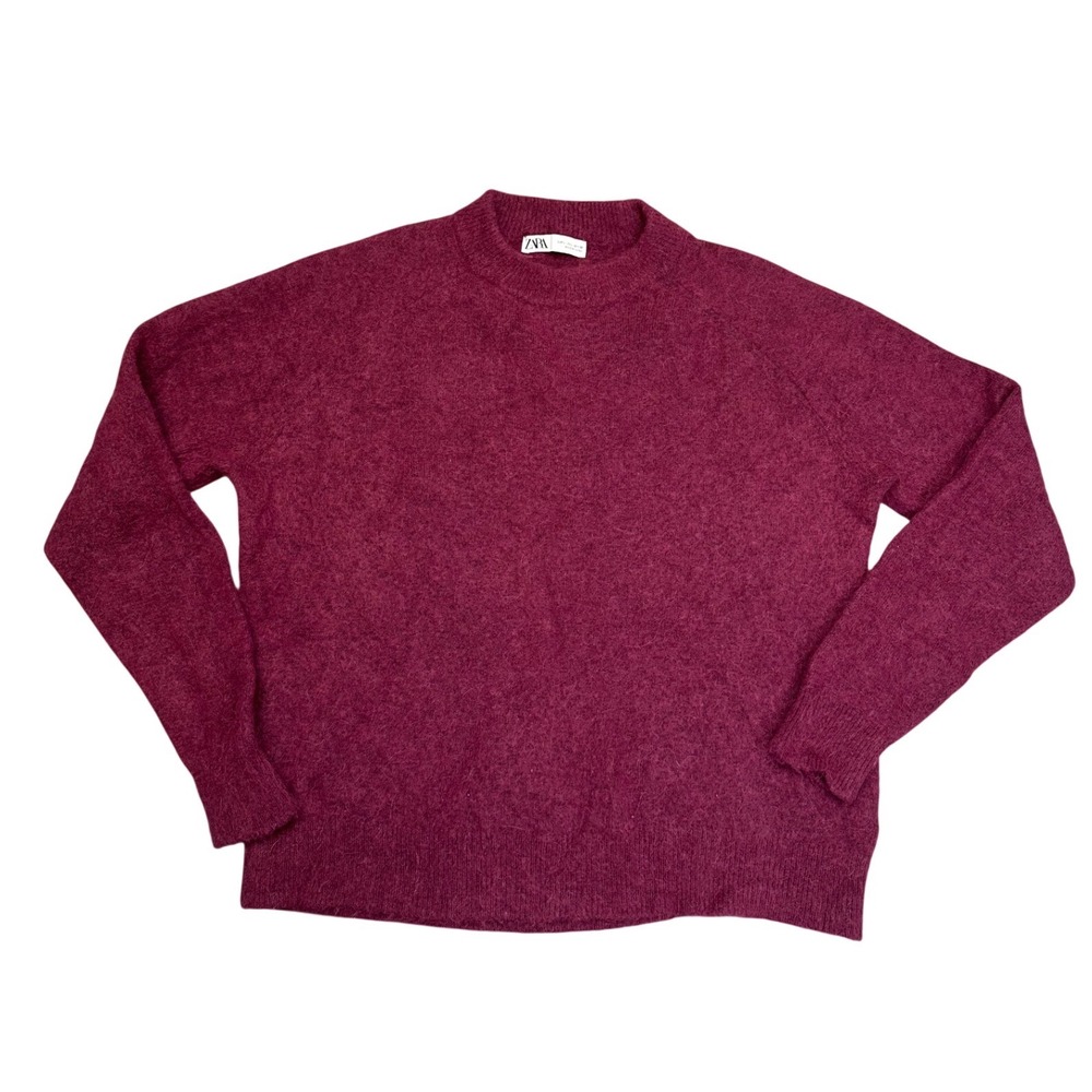 Zara Alpaca Wool Blend Fuzzy‎ Cozy Crewneck Sweater Womens Large Raglan Burgundy